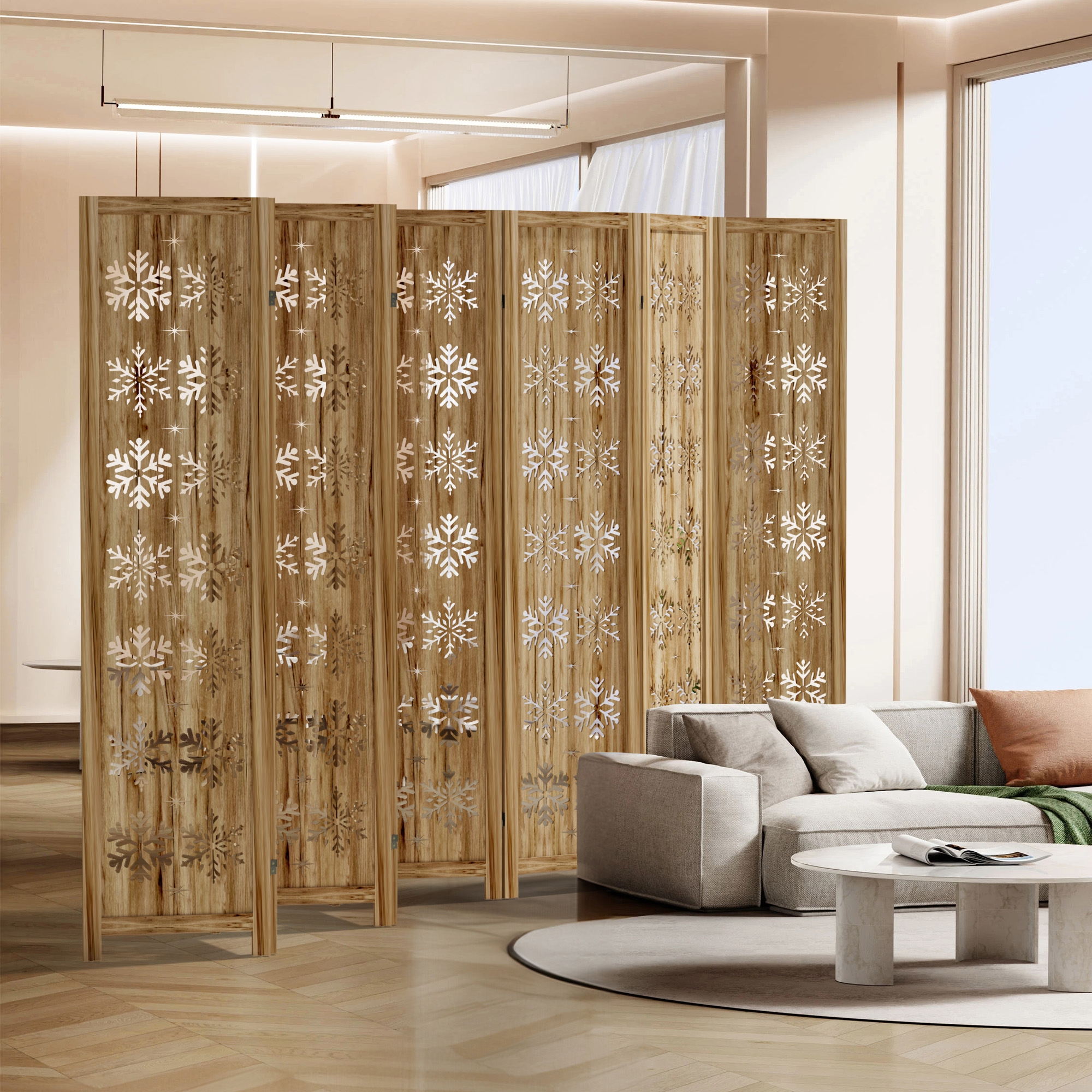 MAYEERTY 8-Piece 67×16" Natural Wood Privacy Panel Screen for Living Room, Snowflake Pattern