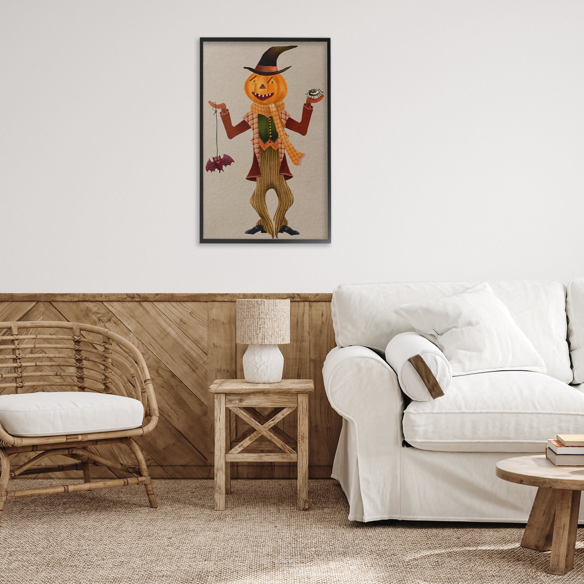 Stupell Industries Halloween Scarecrow & Bat Holiday Painting Black Framed Art Print Wall Art, 20 x 30