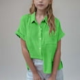thumbnail image 3 of SEAOPEN Girls Cotton Linen Shirts Short Sleeve Button Down Shirts Children Summer Bohemian Rolled Sleeve Linen Tops Green,5-6, 3 of 8
