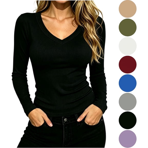 Women's Casual Loose Trendy V-neck Fashionable Oversize Tight Thin Long Sleeve Comfortable Loose Top