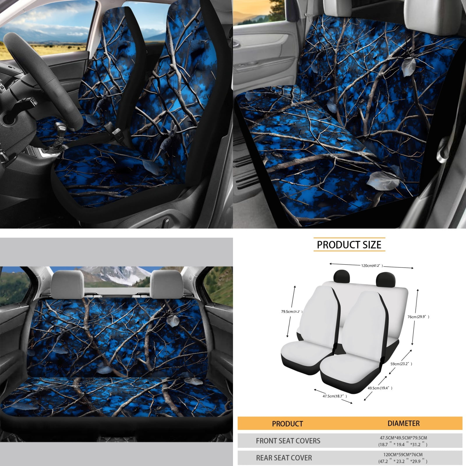 Yuyamidu Camo Hunting Car Seat Covers 16 PCS Blue Wood Steering Wheel Cover Seat Belt Pad Gear Shift Hand Brake Cover Rearview Mirror Cover Coasters Key Chain Sunshade Car Windshield Universal Fit