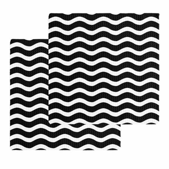 Black Moire Ombre Kitchen Dish Towels for Drying Dishes Set of 2, Water Ripple Stripe Farmhouse Waffle Weave Microfiber Hand Tea Bathroom Towels Quick Dry & Absorbent Towel 12x12