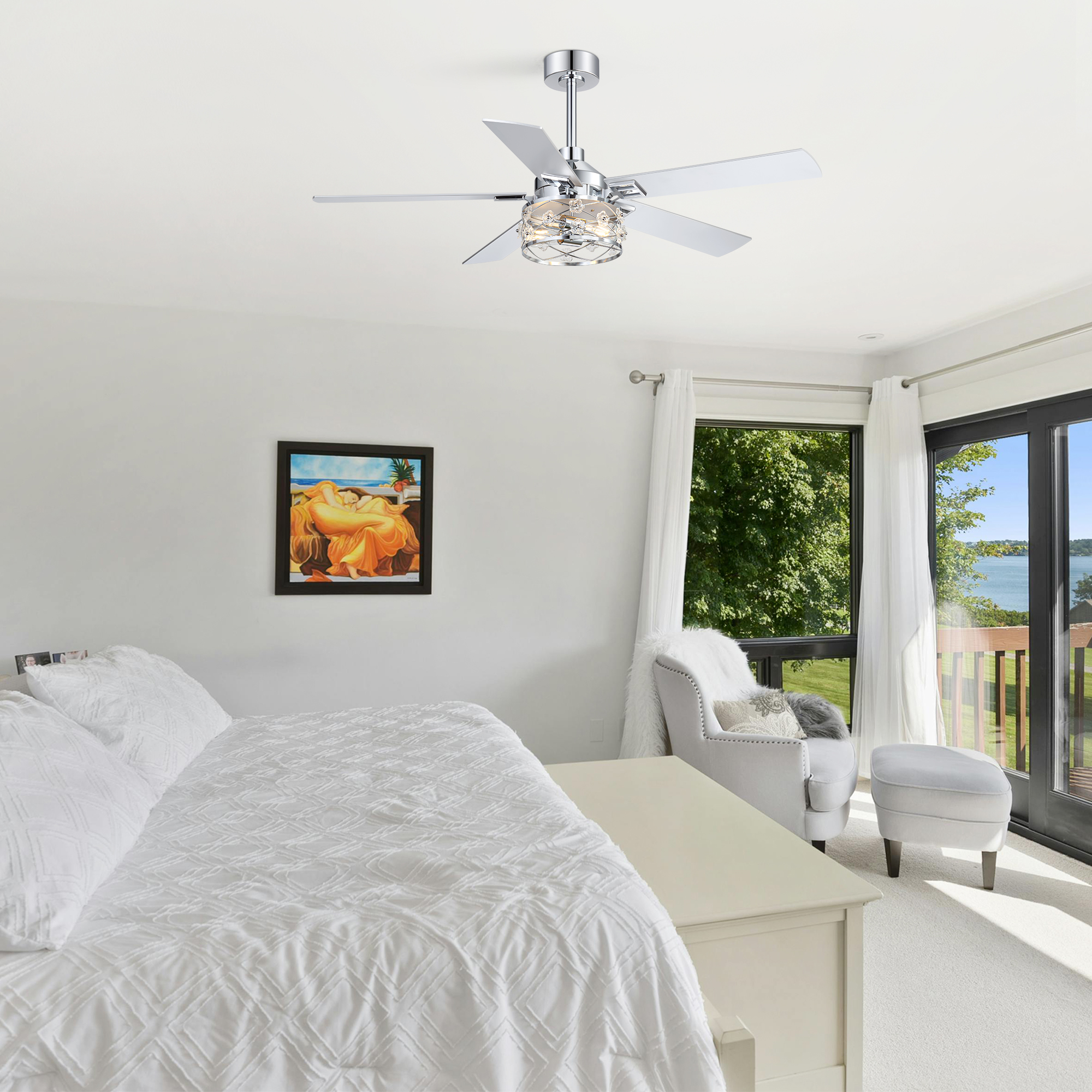ALKAFY 52 inch Chrome Ceiling Fan with Lights - 5 Dual-Sided Blades, 6 Speeds, Remote, for Bedroom & Living Room