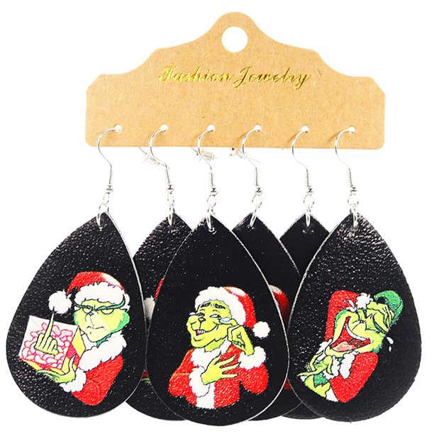 The Grinch Earrings Kids Grinch Decor 3 Pairs Of Christmas Earrings Handmade Tear Drop Faux Leather Earrings New Year Party Earrings Set Winter Holiday Jewelry Gifts