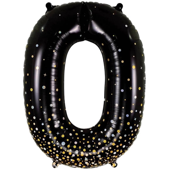 34 inch Number 0 - Oaktree - Sparkling Fizz Holographic Black Foil Mylar Balloon - Party Supplies Decorations