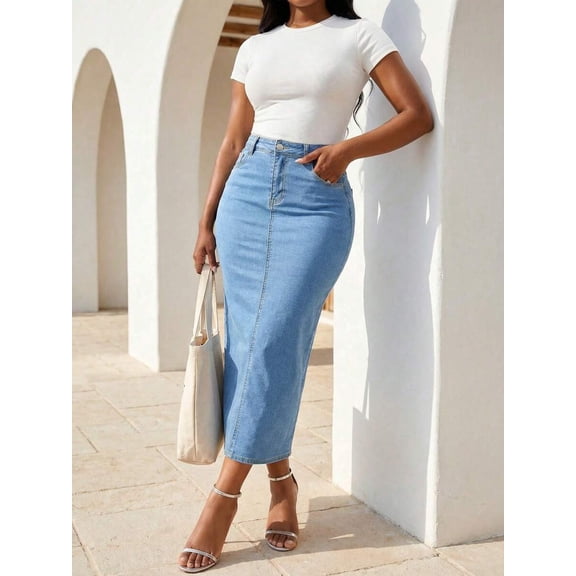 Womens High Waisted Denim Midi Skirt Medium Wash Straight Fit