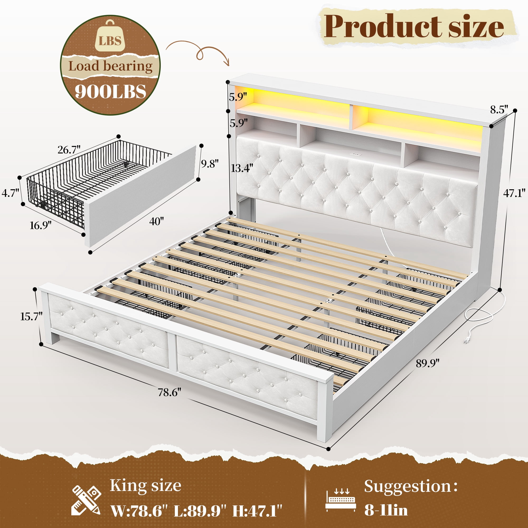EnHomee King Bed Frame with 4 Storage Drawers Upholstered Platform Bed Frame with Headboard and Storage & Charge Station & LED Lights