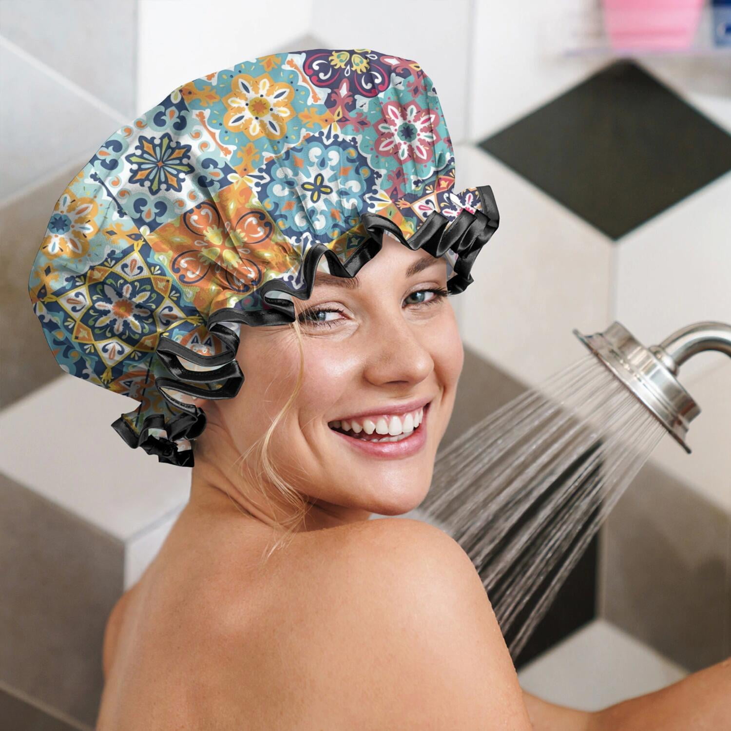 Shower Caps,Blue Boho Bohemia Floral Geometric Pattern Waterproof Shower Cap for Women 4 Pieces,Double Reusable Hair Cover for Shower PEVA Elastic Stretch Hem