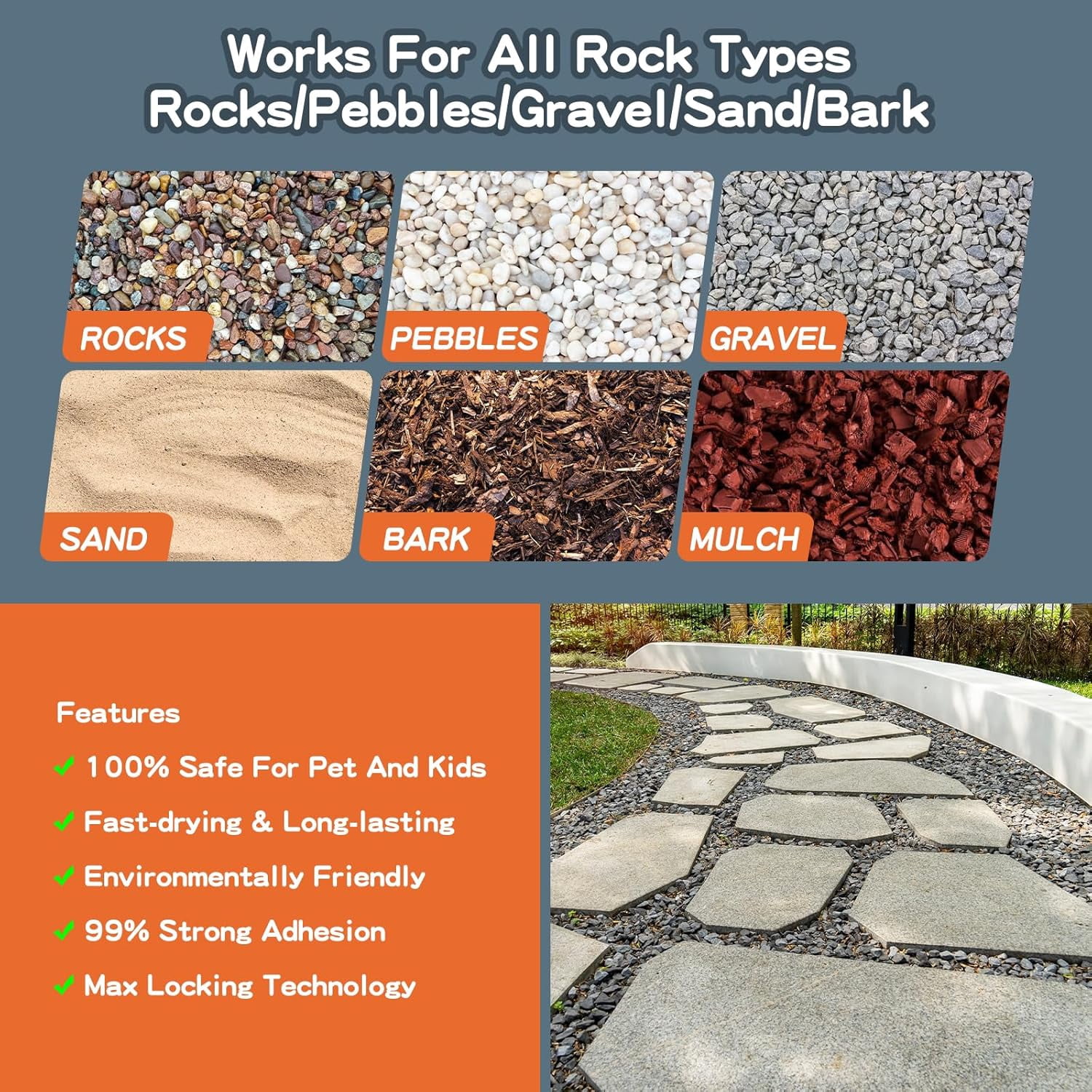Rock Glue, 1Gallon Mulch Glue for Landscaping, Fast-Dry Strong Pea Gravel Stabilizer Landscape, Non-Toxic Long-Lasting Dries-Clear Strong Pea Gravel Binder for Pebble, Pine Straw for Outdoor Gardens