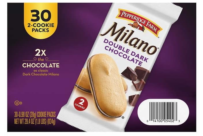 Milano, Cookies, Double Dark Chocolate, 29.4 oz, Multi-pack, 30 count - 0.98 OZ (28g) Cookie Packs /  clip 1pc