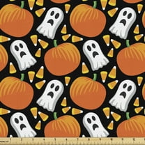 Halloween Upholstery Fabric by the Yard, Repetitive Spooky Elements Ghost and Pumpkins, Decorative Fabric for DIY and Home Accents, 5 Yards, Marigold Fern Green by Ambesonne
