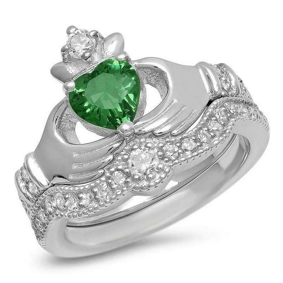 HeartsAndYou 2ct Natural Green Claddagh Bridal Set Ring 100% REAL 14k SOLID White Gold