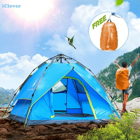- 3/4 People Waterproof Hydraulic Automatic Camping Tent + Free Backpack Rain Cover, IClover Portable Pop Up Camping Family Sun Shelter Tents Cabana Anti-mosquito for Outdoor Hiking Sleeping Napping