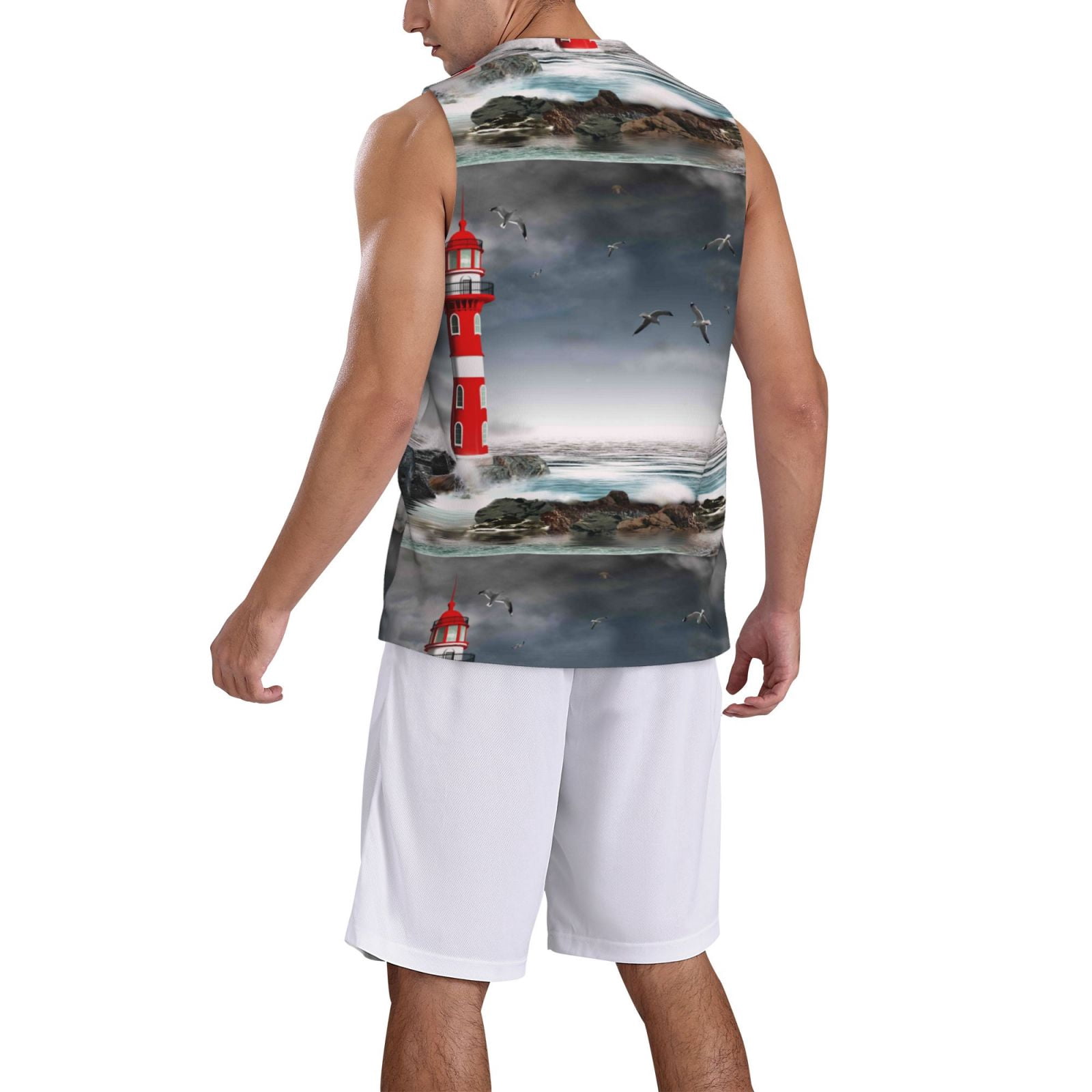 Xecao 3d Lighthouse in the Surf print basketball shirt for both men and women, a unisex basketball jersey perfect for theme parties-Medium