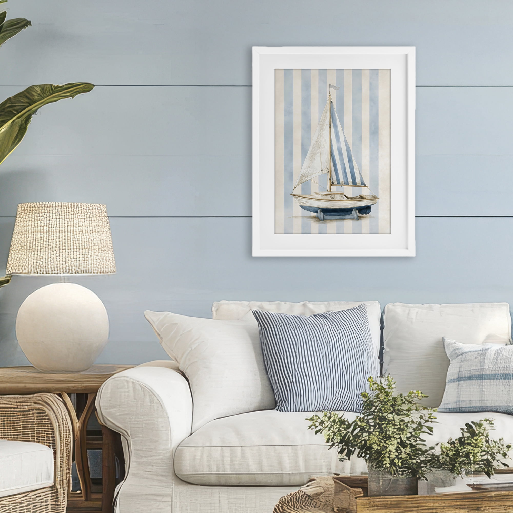 Stupell Industries Seaside Stripes Sailboat White Framed Print Under Glass, design by Petal Prints Design