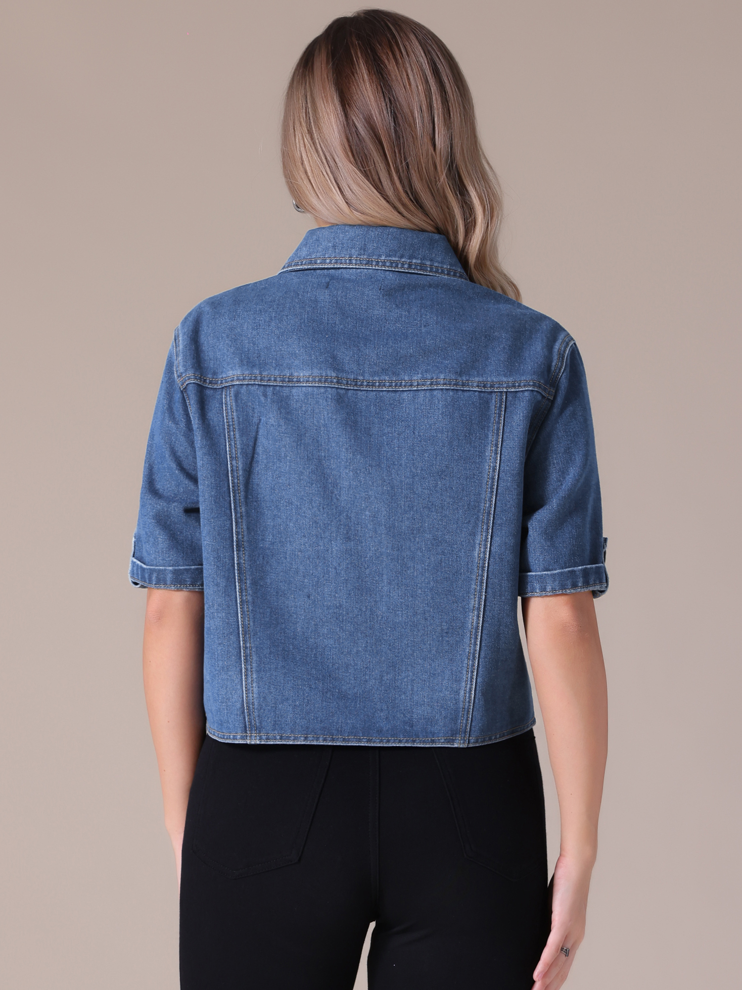 DARING DIVA Women's Short Sleeve Denim Collared Button Up Cropped Jean Jacket S Dark Blue