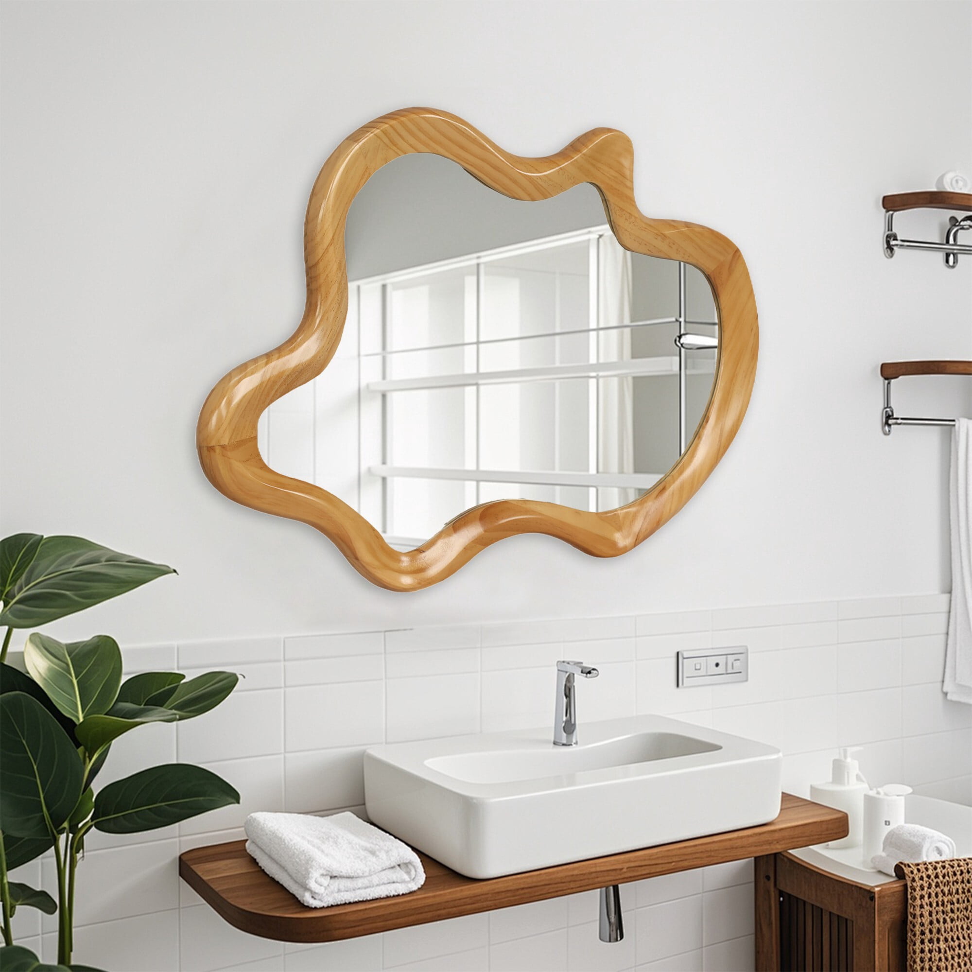 AENKYO Irregular Wall Mirror, Asymmetrical Wavy Wood Frame Decorative Mirror for Bedroom and Bathroom, Natural