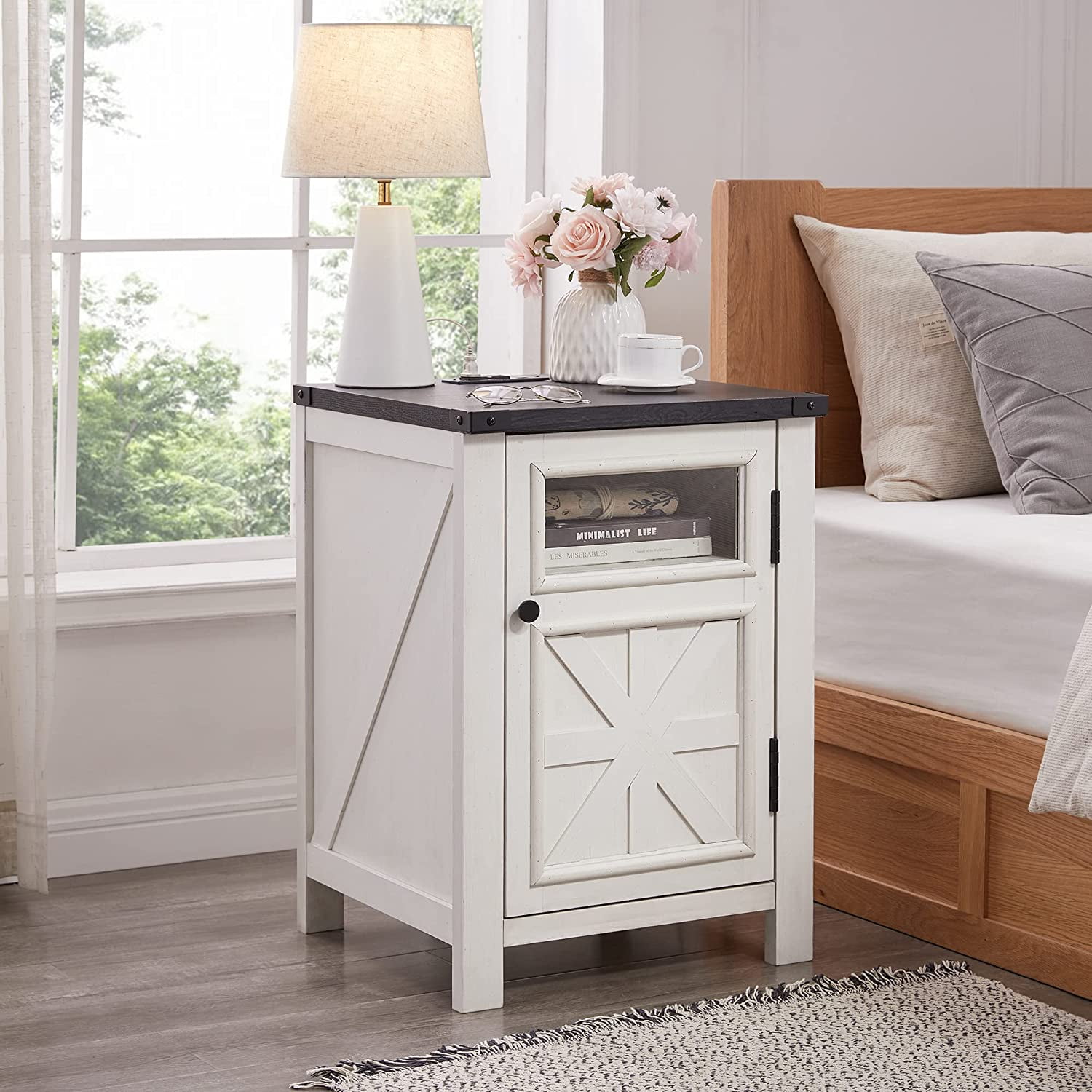 T4TREAM Farmhouse 3-Tier End Table with Charging Station, 18'' Rustic Nightstand with Barn Door for Living Room, Bedroom, Off White