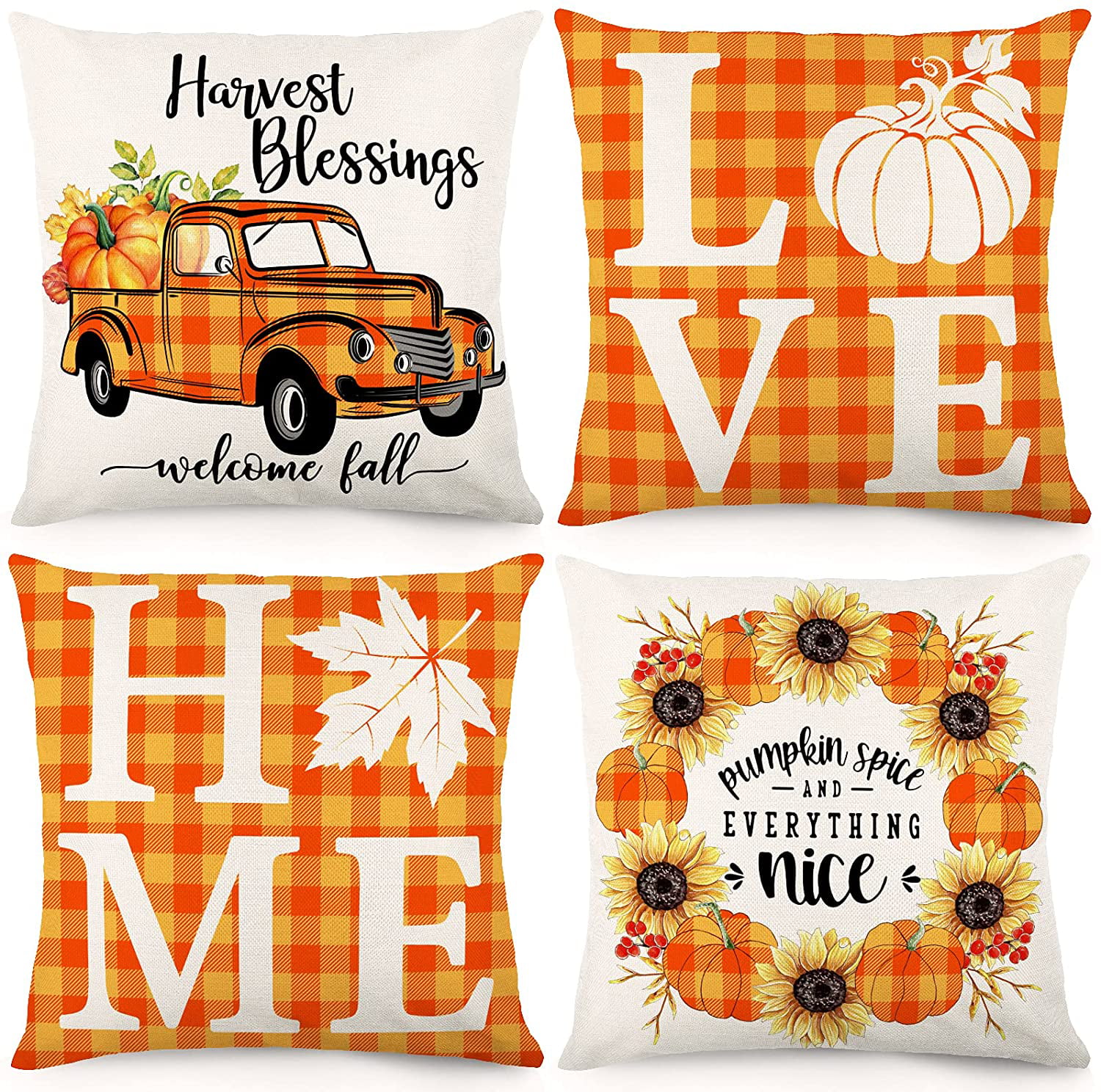 Autumn Thanksgiving Pillow Covers 18×18 Inch for Home Decoration，Hello Fall Words Cushion Pillow Cases Yellow Orange Flowers Holiday Throw Pillow Covers Set of 2 for Couch Sofa Bed Chair Decor 