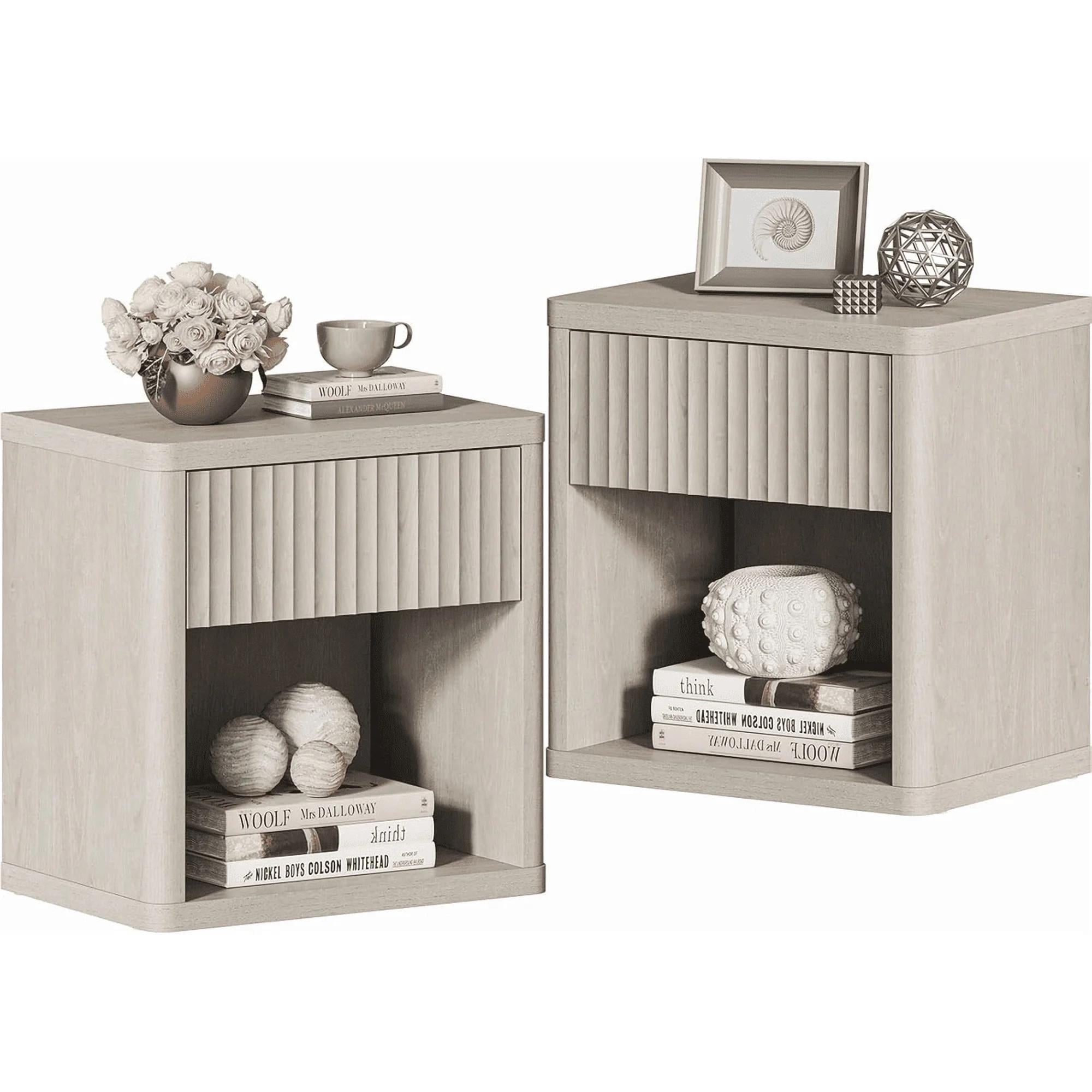 Wooden Nightstand with 1-Drawer Compact Bedside Table with Storage for Bedroom 2 PCS White Oak