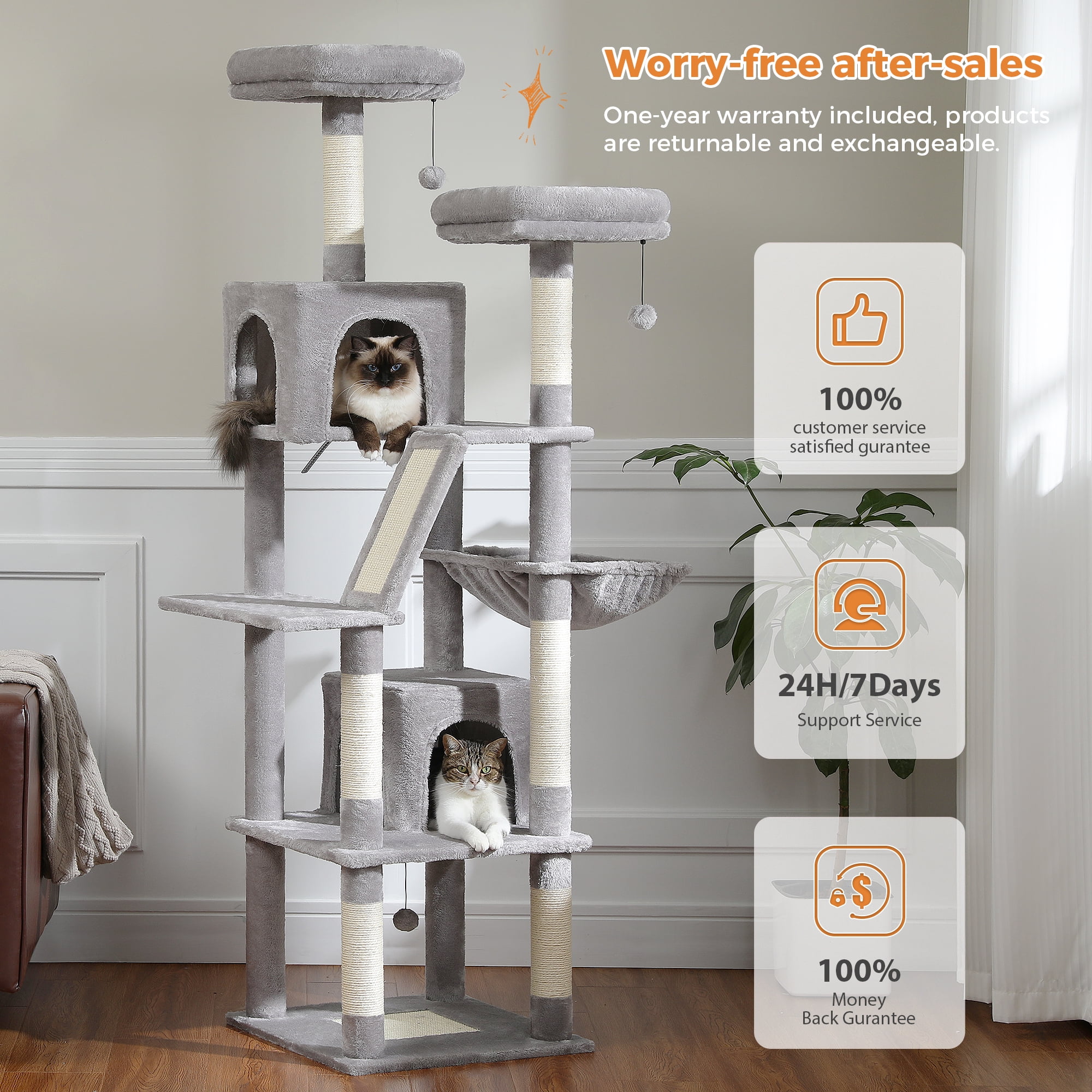 Pefilos 70" Large Cat Tree for Indoor Cats, Multi-Level Cat Tower Cat Scratching Post with 2 Perches, 2 Condos, Hammock and 2 Pompoms, Gray