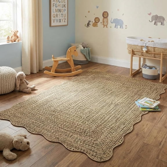 4x6 Scalloped Braided Print Farmhouse Area Rug, TPR Non Slip Washable Low Pile Small Space Living Room Bedroom Carpet,Beige