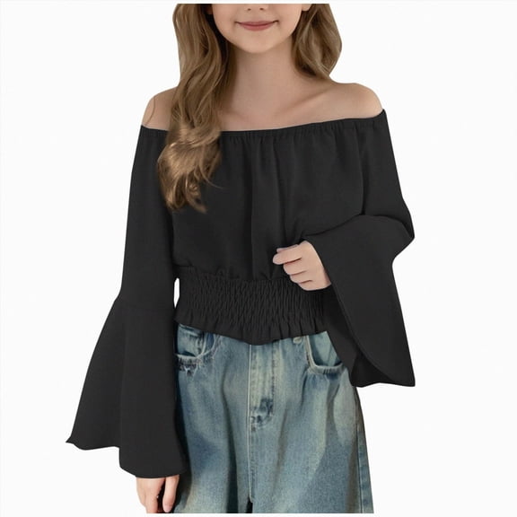 Baby Girl Clothes Long Sleeve Shirts for Girls Crop clothes Off Shoulder Bell Sleeve Loose Plain for Summer Party Black 7-8 Years