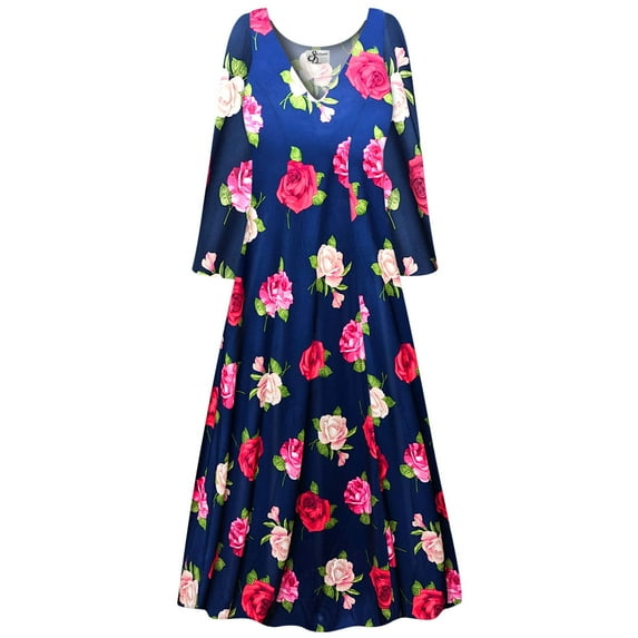 Plus size 5x Petite Womens Dress Rose Bloom Sea Designer Print Long Sleeve Low V-Neck Princess Cut