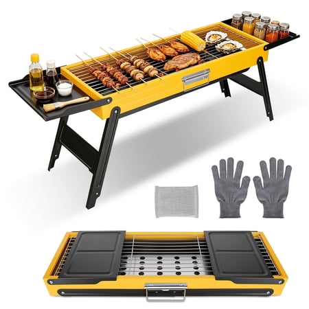Charcoal BBQ Grill, Foldable, Portable, Dual Side Shelves, Stainless Steel Grate