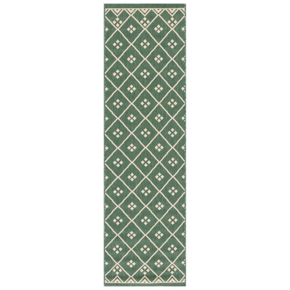 SAFAVIEH Courtyard Cori Bordered Indoor/Outdoor Runner Rug, Dark Green/Beige, 2'3" x 8'
