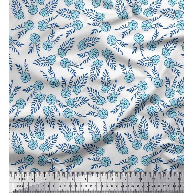 Soimoi Moss Georgette Fabric Leaves & Floral Block Print Fabric by The Yard 42 Inch Wide