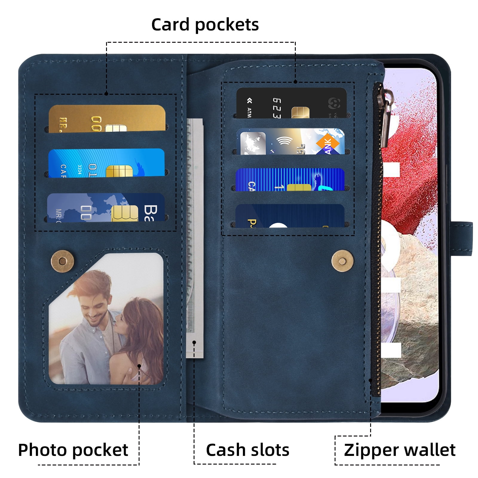 Asuwish Phone Case for Samsung Galaxy A25 5G/A24 4G/M34 /F34 Wallet Cover With Tempered Glass Screen Protector Crossbody Wrist Strap Flip Pattern Zipper Credit Card Holder Cell A 25 25A 24A LTE Blue