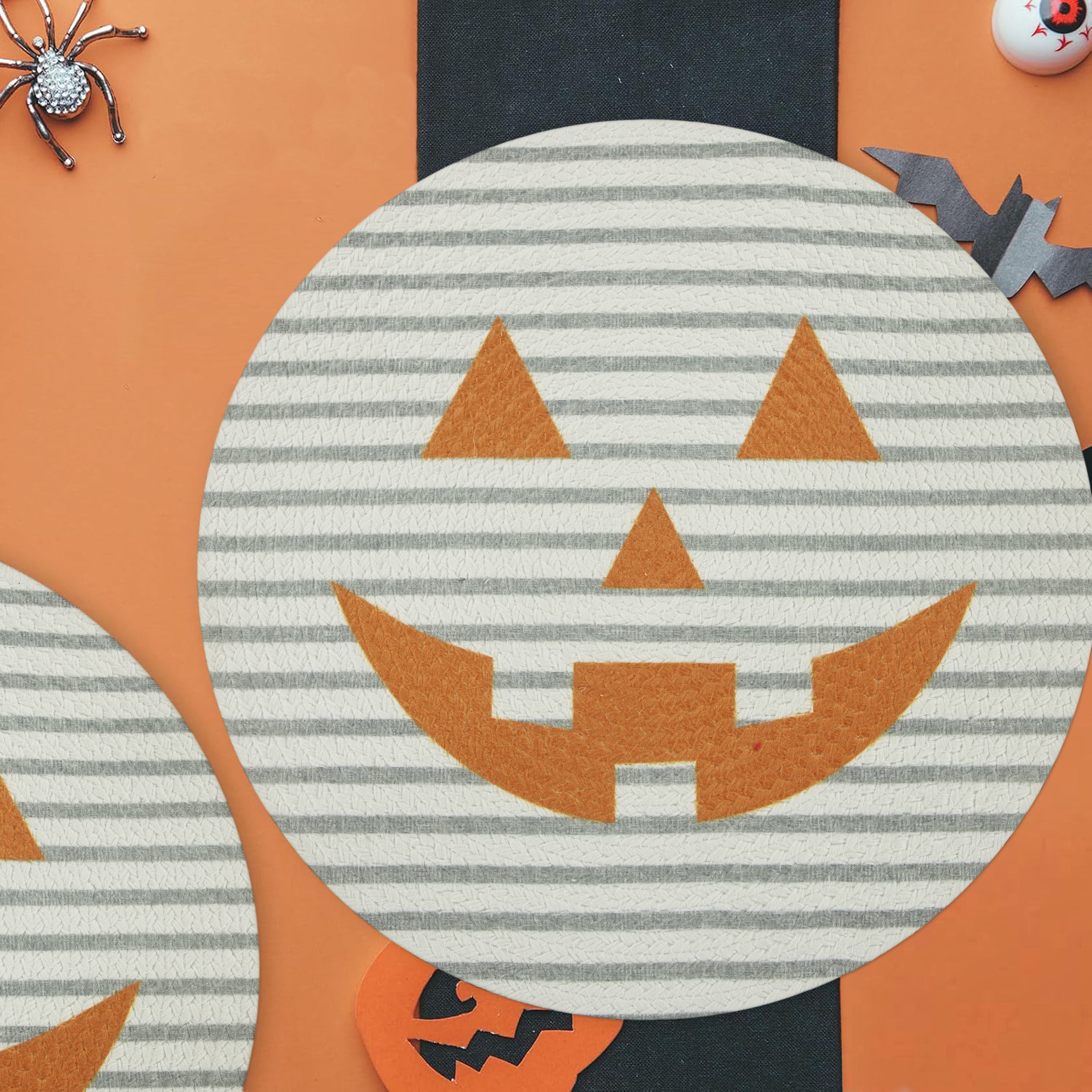 Pumpkin Stripe Round 4 Pack Table Placemat Set - 15" Diameter - 100% Polyester, Multi-color