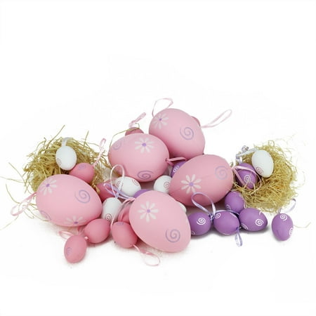 Set of 29 Pastel Pink White and Purple Painted Floral Spring Easter Egg Ornaments