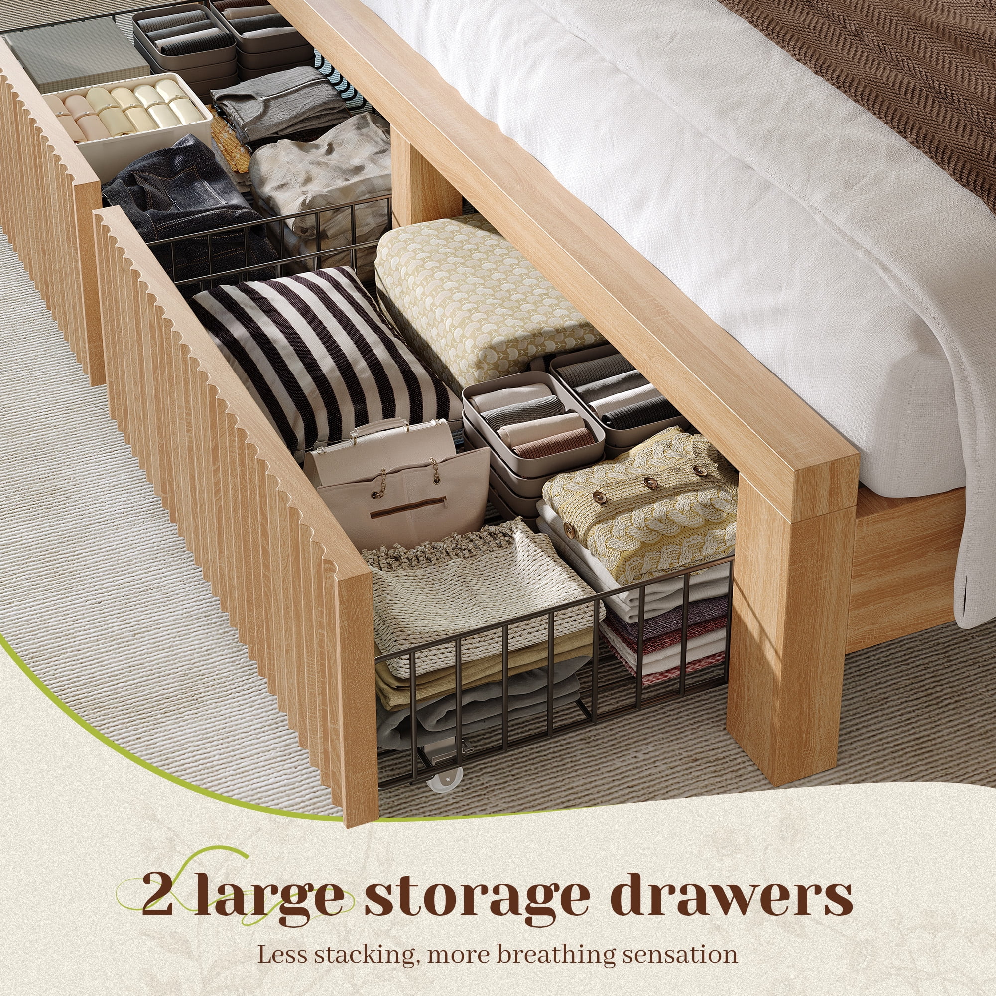 EnHomee Wood Bed Frame Queen with Headboard Bed Frame with Storage Shelf and Drawers Farmhouse Bed Frame with 2 Drawers & Charge Station & LED Light, Rustic Oak