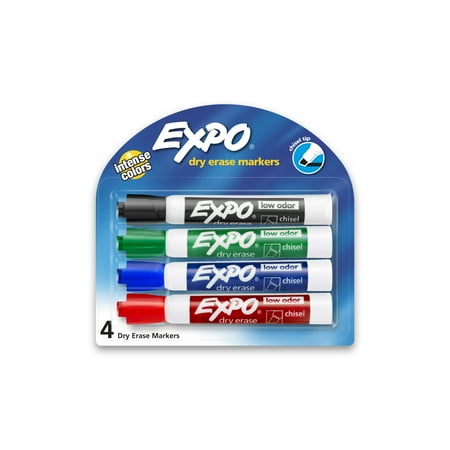 Expo Low Odor Dry Erase Markers, Chisel Tip, Assorted Colors, 4 Count