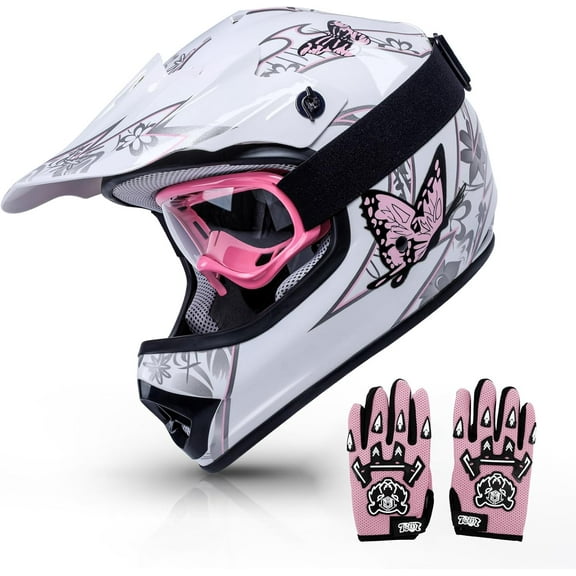 TCMT Youth Pink Butterfly Dirt Bike ATV Helmet Motocross with Goggles and Gloves Medium