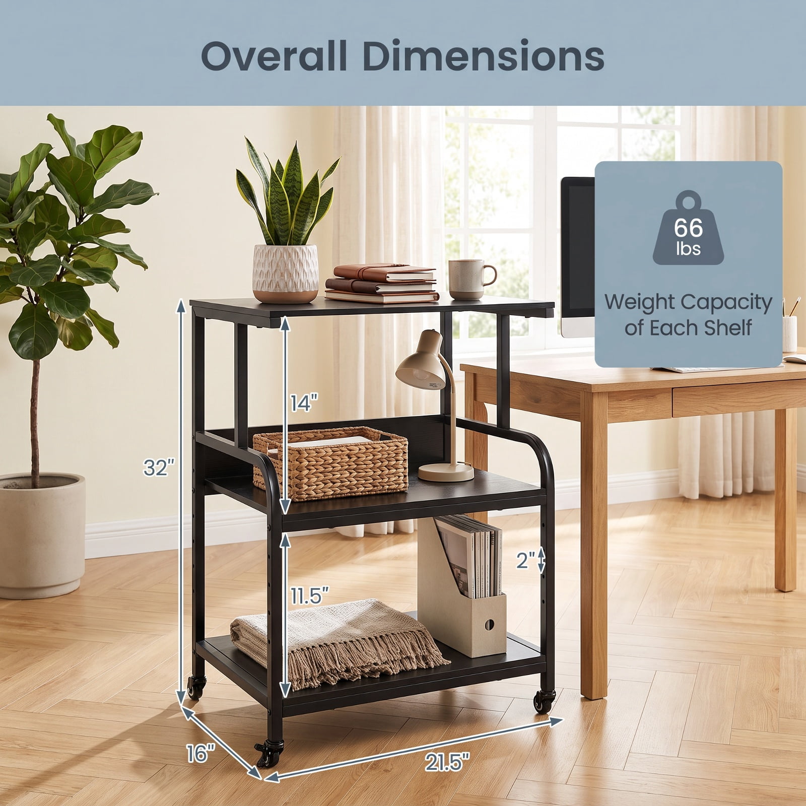 Furnibear 3-Tier Rolling Printer Stand with Adjustable Shelf and Lockable Wheels for Home Office Printer Machine Under Desk Storage, Black