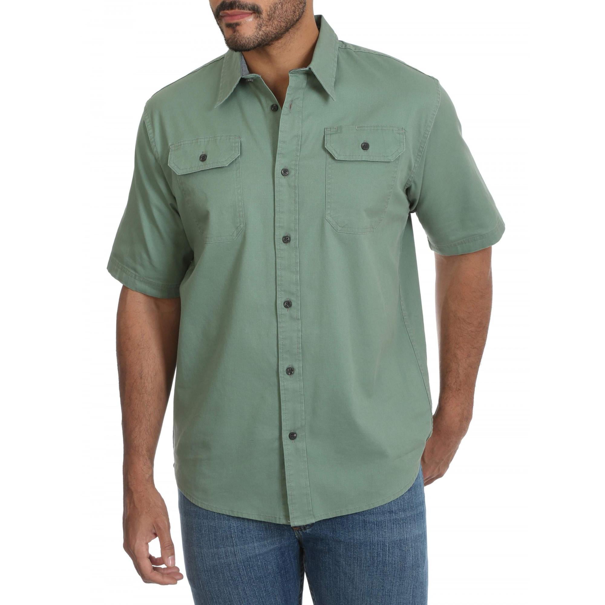 OTW Men Casual Button Up Short Sleeve Regular Fit Pockets Denim Work Western Shirt