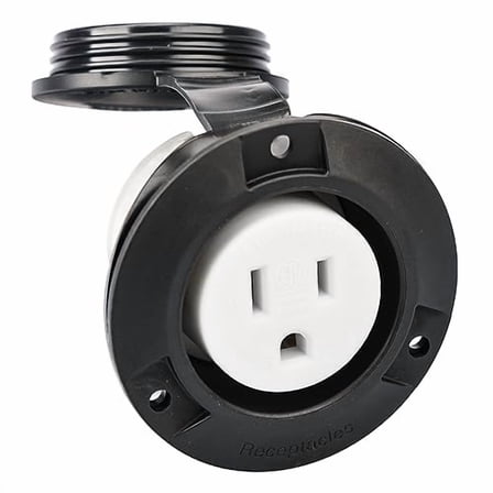 15 Amp Flanged Shore Power Outlet 125 Volt NEMA 5-15R Receptacle, 2 Pole 3 Wire Socket for Straight Blade Household Plug with Weatherproof Cap & Cover, Black Commercial Grade, ETL Listed