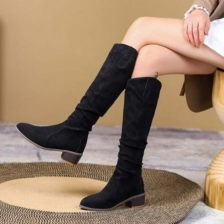 

Qepwscx Women s Fashion Slouchy Middle Heel Chunky Heel Knee High Boots Flock Boots