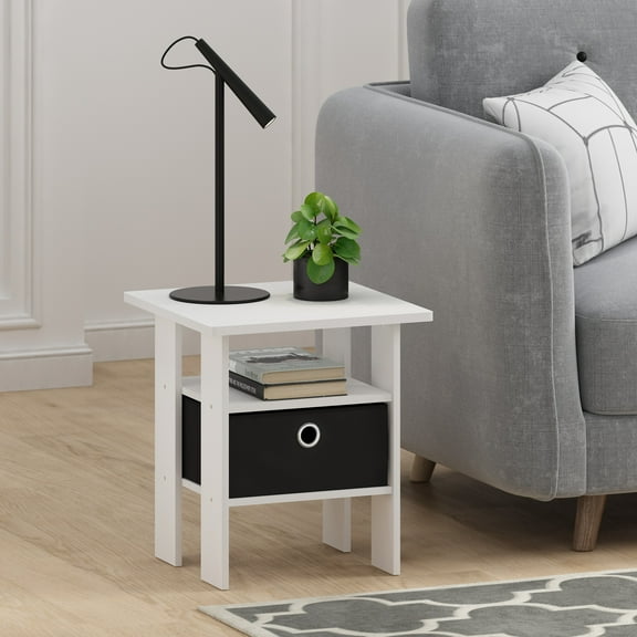 Furinno Andrey End Table Nightstand with Bin Drawer, White/Black