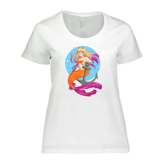Inktastic Nautical Orange and Pink Mermaid Sitting on Anchor Women's Plus Size T-Shirt