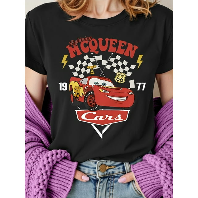 T-Shirt d'Été à Manches Courtes Cars Lightning McQueen pour Femmes, Col Rond, Imprimé Course Rapide, Quatre Saisons