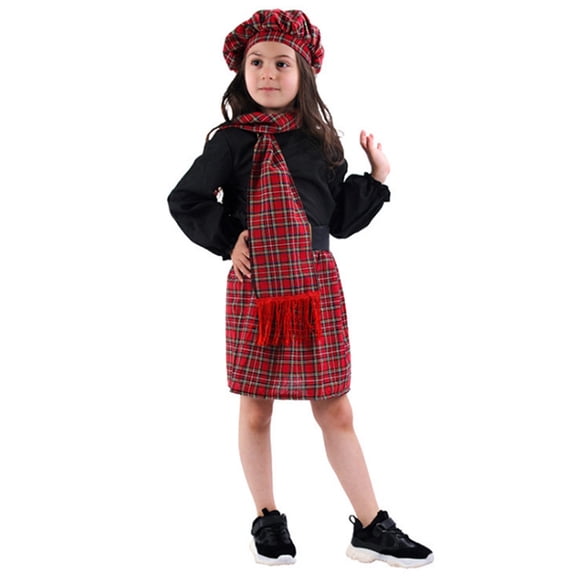 RTKFRFLM Girls Scottish Tartan Kilt Style National Dance Performance Red 8-10 Years