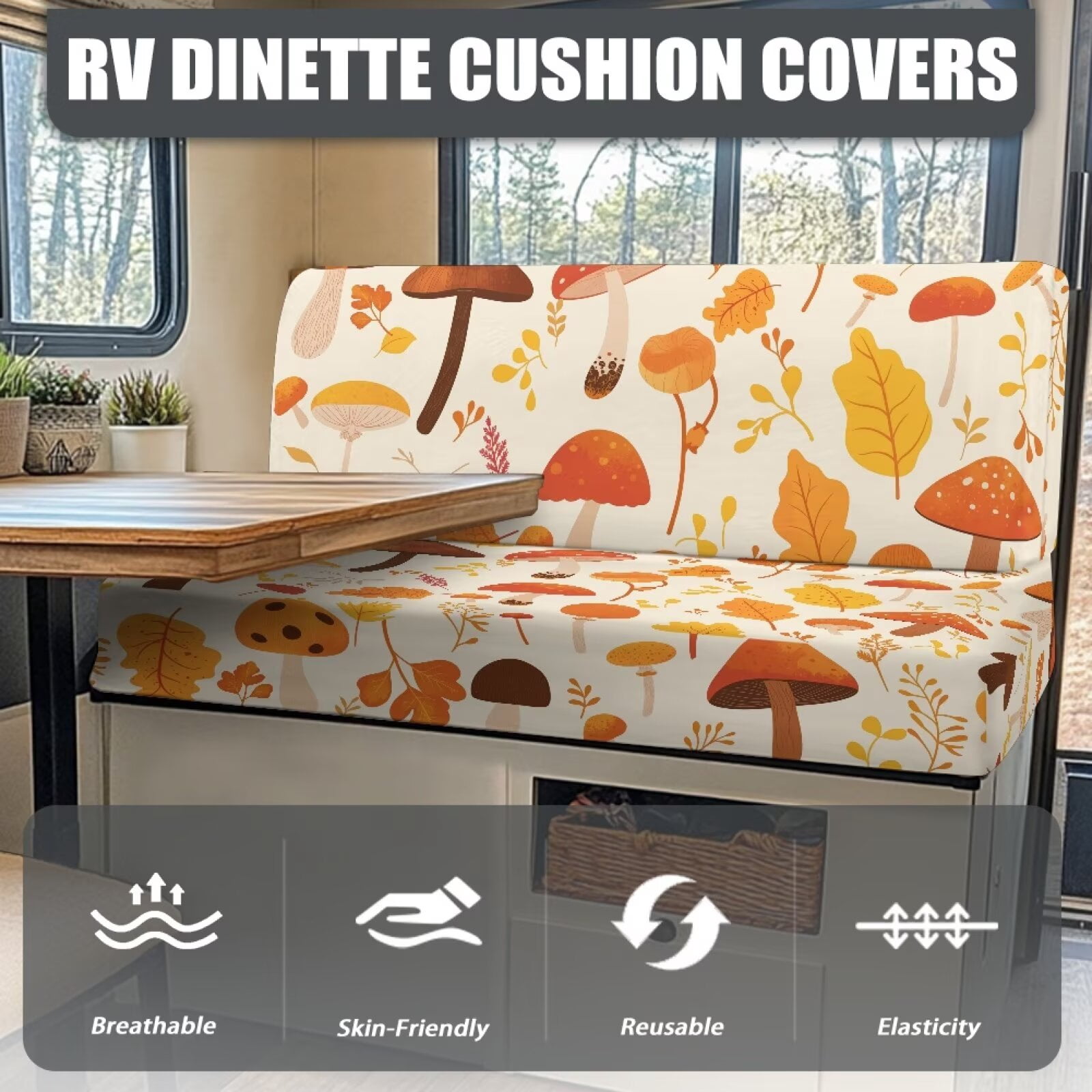 XYZCANDO Autumn Mushroom Leaf RV Dinette Cushion Covers Universal RV Accessories Outdoor Travel Use Bench Cushion Stretchable Couch Cover 2 Cushion Sofa Washable Sofa Cover Gifts for Friend
