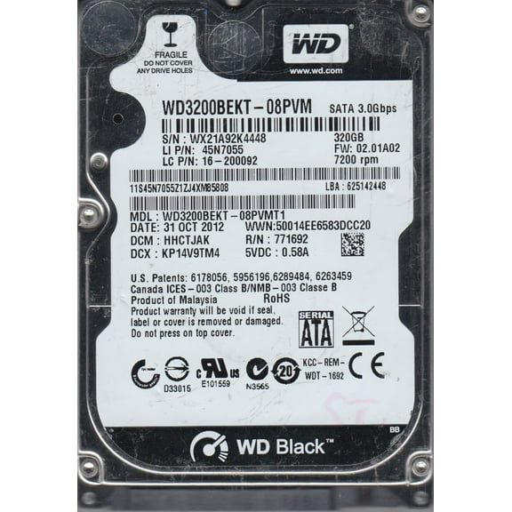 WD3200BEKT-08PVMT1, DCM HHCTJAK, Western Digital 320GB SATA 2.5 Hard Drive