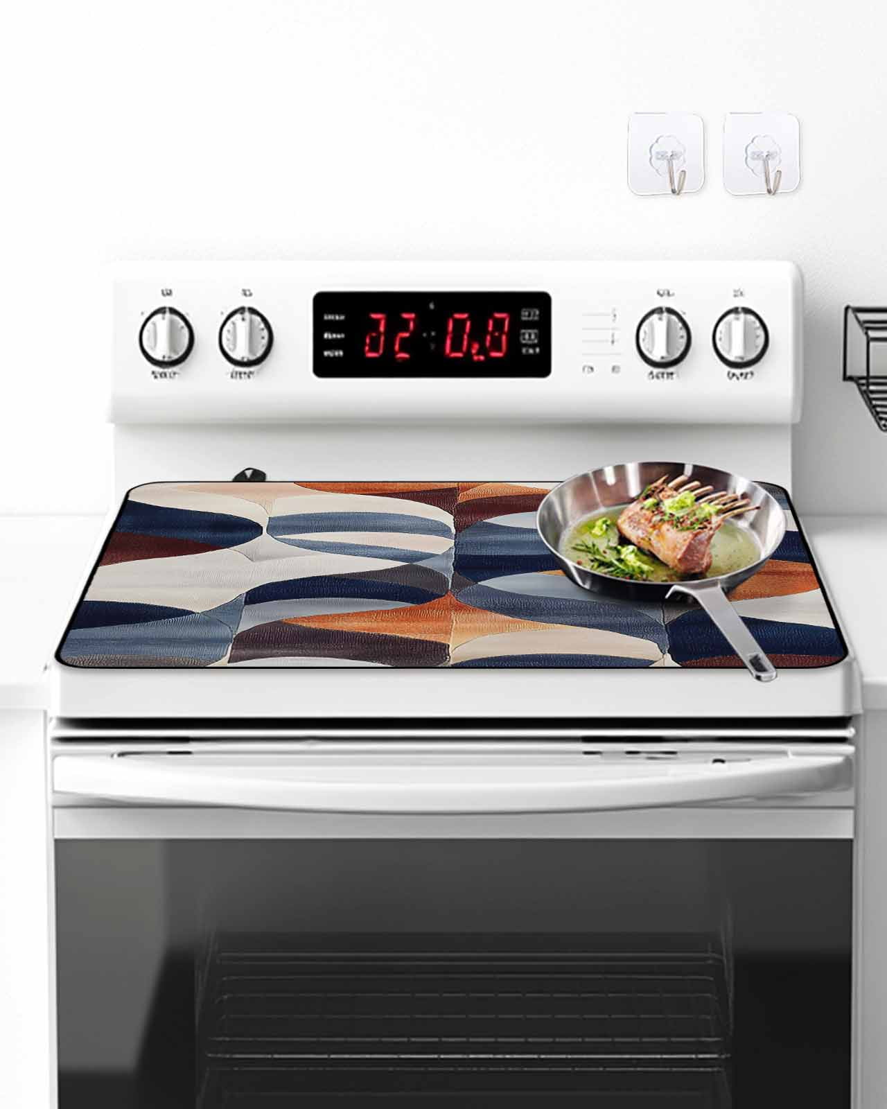 Stove Top Covers for Electric Stove, Navy Blue Burnt Orange Glass Stovetop Cover Protector, Retro Geometric Abstract Induction Cooktop Protector Oven Mat for Kitchen Countertop 24"x21"