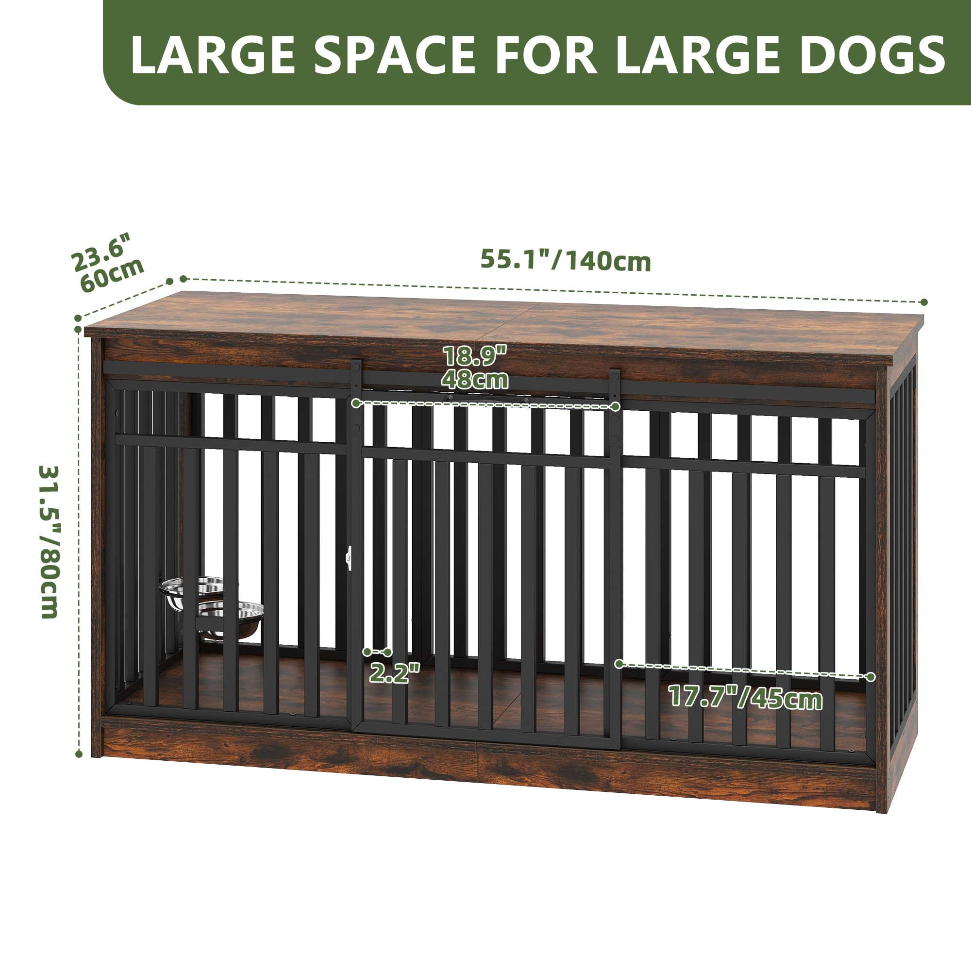Uforic 55.1 Inch Large Dog Crate Furniture, Heavy Duty Wood Dog Kennel,Dog Cage with Sliding Doors, 2 Dog Bowl for Extra Large Dogs,Medium Dogs - Rustic Brown