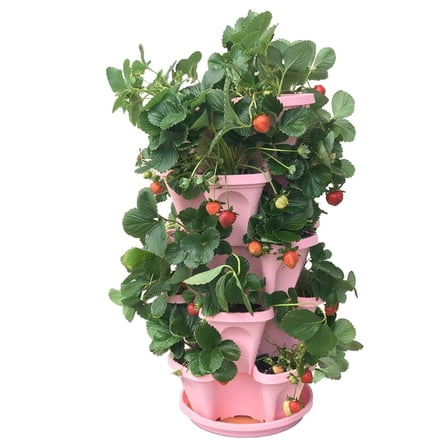 5-Tier Pink Strawberry and Garden Planter - Stackable Gardening Pots with 10 Inch Saucer